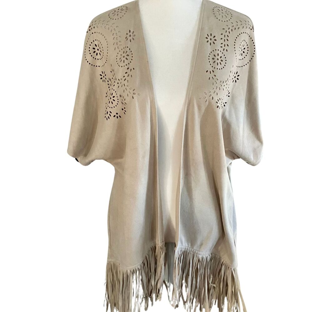 Alya Tan Floral Cut Out Faux Suede Open Cardigan Sz S, Fringe Western Rodeo Boho